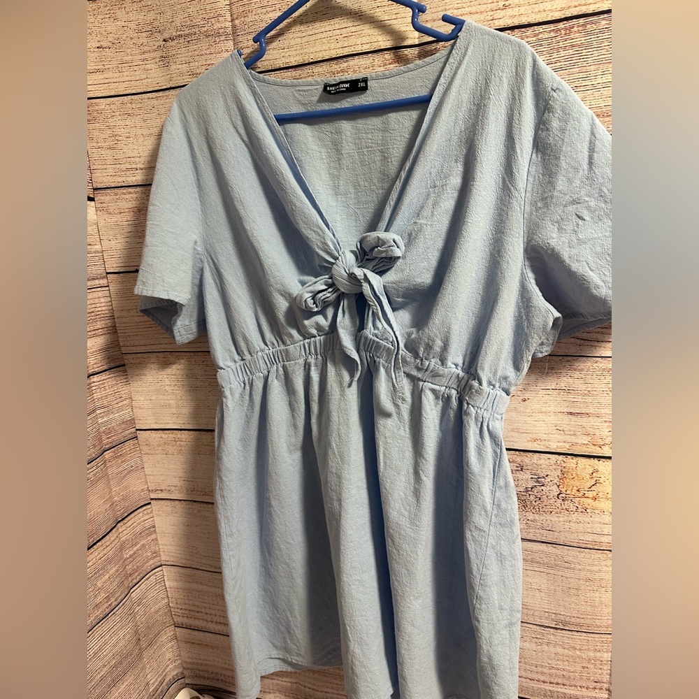 SHEIN Light Blue Tie-Front V-Neck Short Sleeve Dress